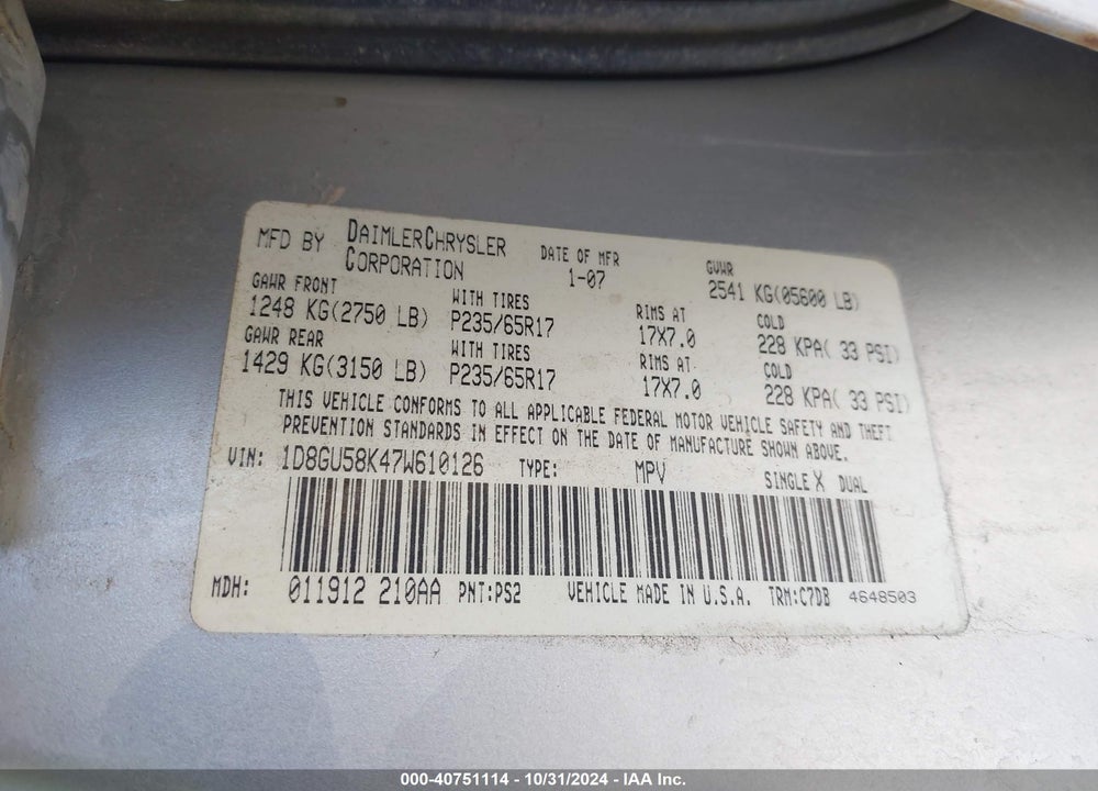 2007 DODGE NITRO SLT/RT VIN: 1D8GU58K47W610126