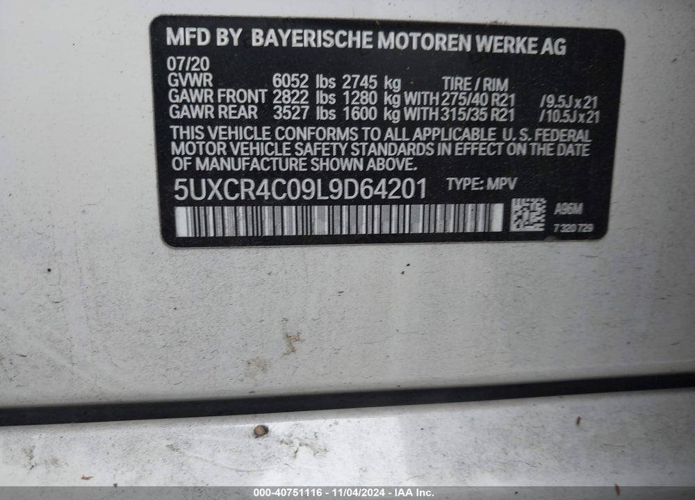 2020 BMW X5 SDRIVE40I VIN: 5UXCR4C09L9D64201