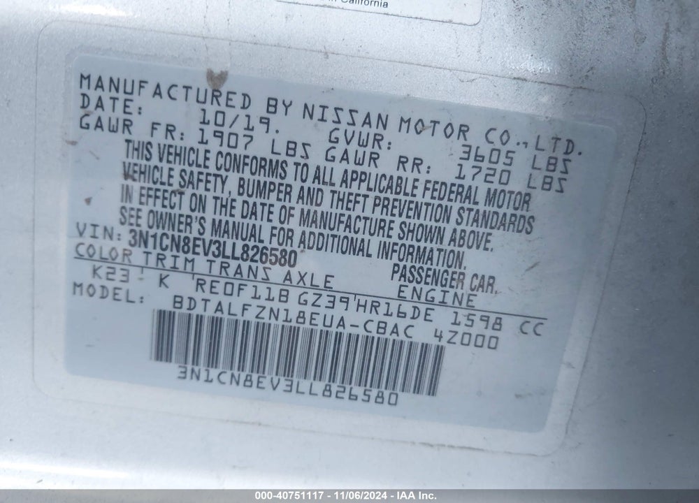2020 NISSAN VERSA SV XTRONIC CVT VIN: 3N1CN8EV3LL826580