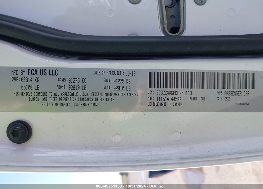 2019 CHRYSLER 300 TOURING VIN: 2C3CCAAG8KH758113