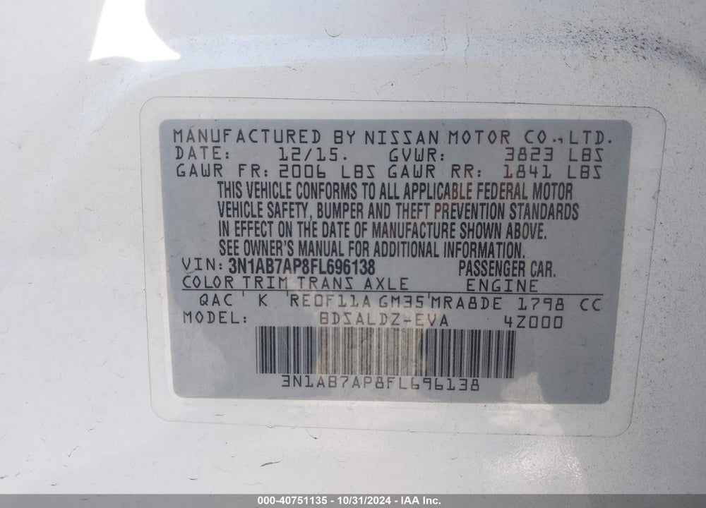 2015 NISSAN SENTRA SV VIN: 3N1AB7AP8FL696138