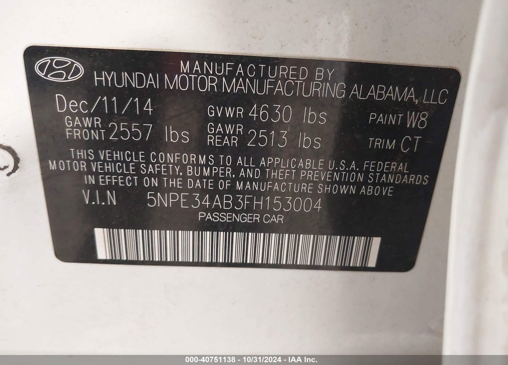 2015 HYUNDAI SONATA LIMITED 2.0T VIN: 5NPE34AB3FH153004