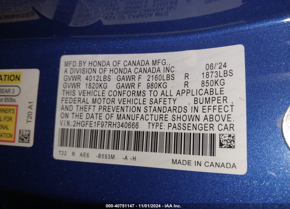 2024 HONDA CIVIC TOURING VIN: 2HGFE1F97RH340666