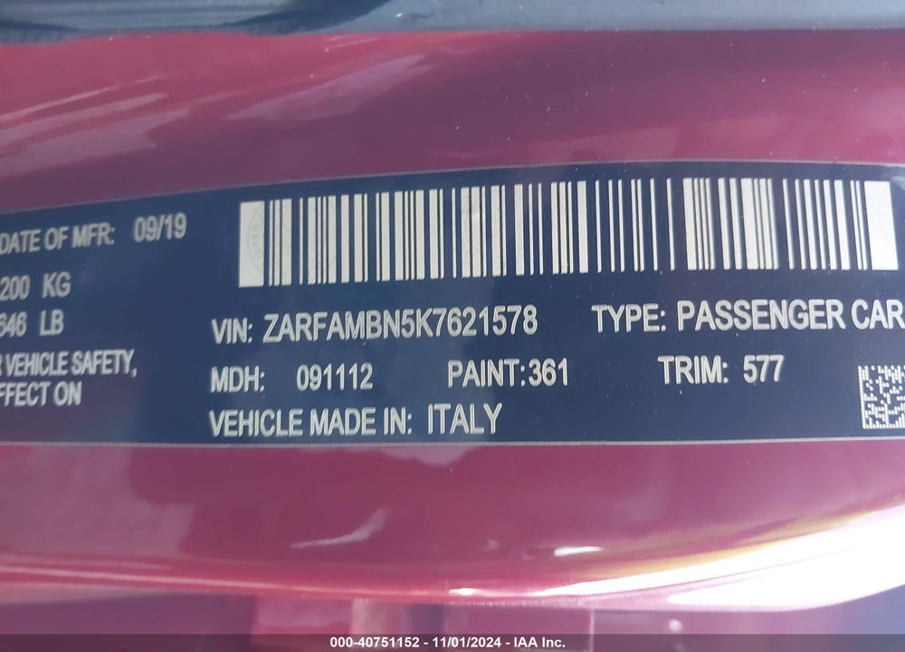 2019 ALFA ROMEO GIULIA TI LUSSO RWD VIN: ZARFAMBN5K7621578