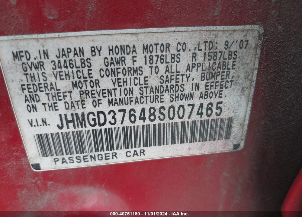 2008 HONDA FIT VIN: JHMGD37648S007465