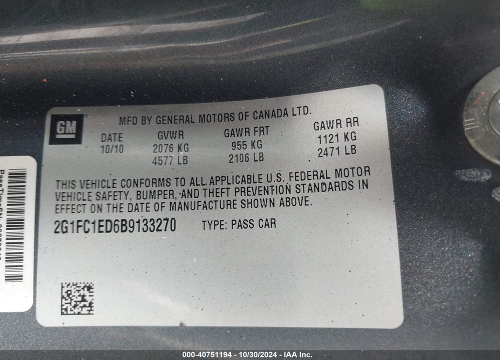 2011 CHEVROLET CAMARO 2LT VIN: 2G1FC1ED6B9133270
