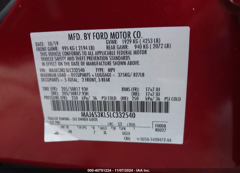 2020 FORD ECOSPORT TITANIUM VIN: MAJ6S3KL5LC332540