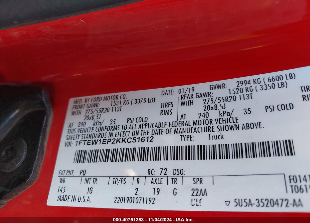 2019 FORD F-150 XL VIN: 1FTEW1EP2KKC51612