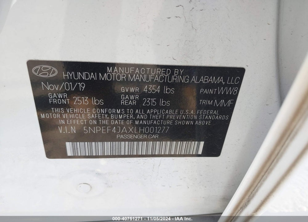 2020 HYUNDAI SONATA SEL VIN: 5NPEF4JAXLH001277