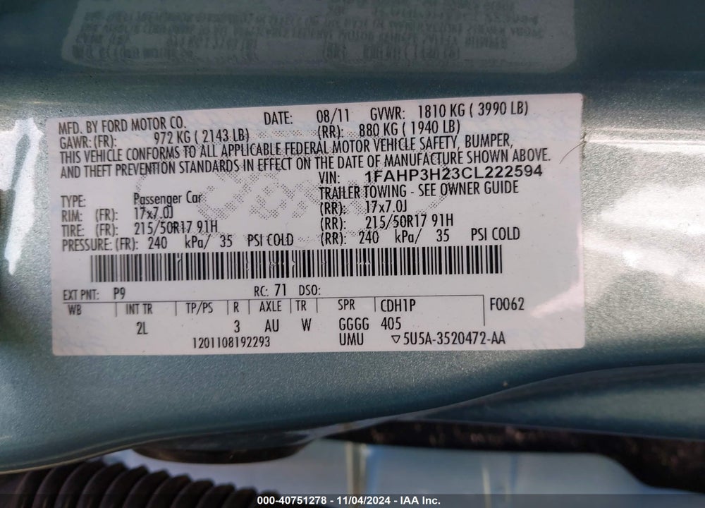 2012 FORD FOCUS SEL VIN: 1FAHP3H23CL222594