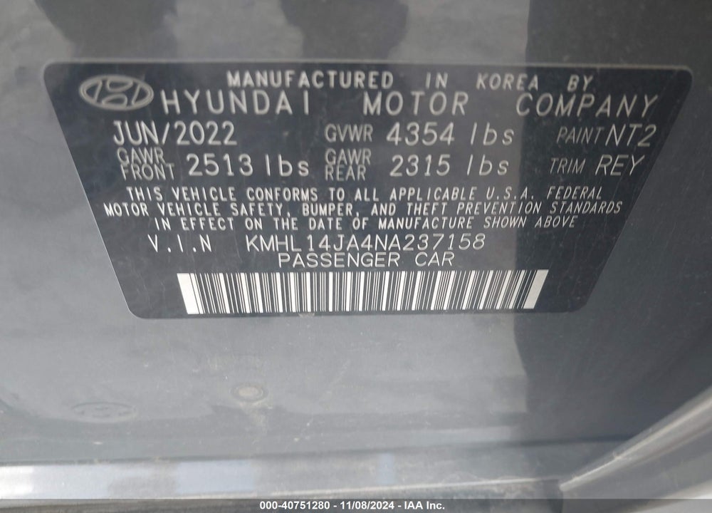 2022 HYUNDAI SONATA SEL VIN: KMHL14JA4NA237158