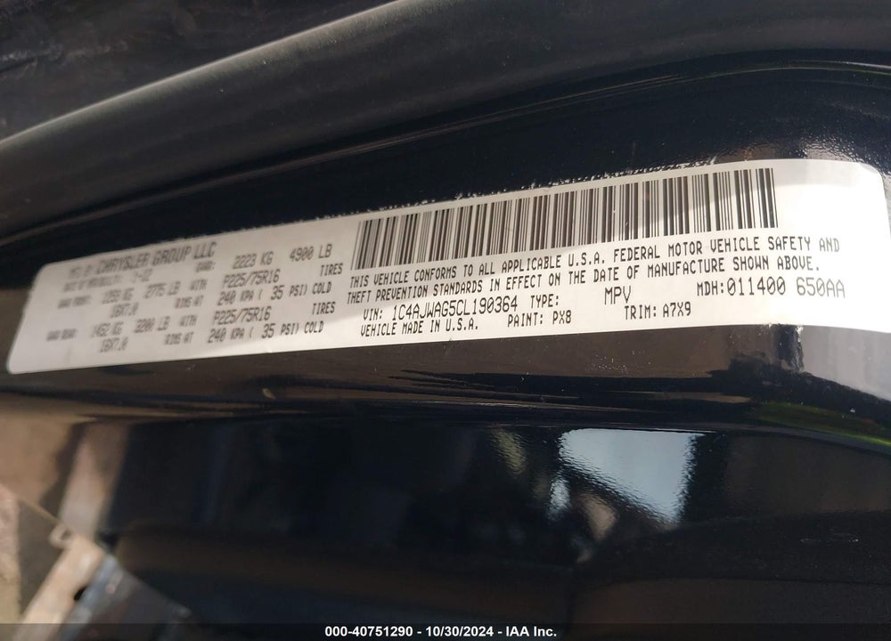 2012 JEEP WRANGLER SPORT VIN: 1C4AJWAG5CL190364