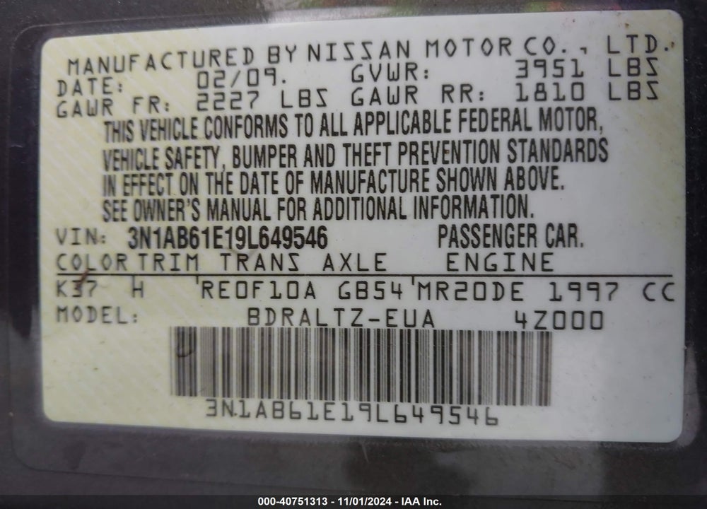 2009 NISSAN SENTRA 2.0S VIN: 3N1AB61E19L649546
