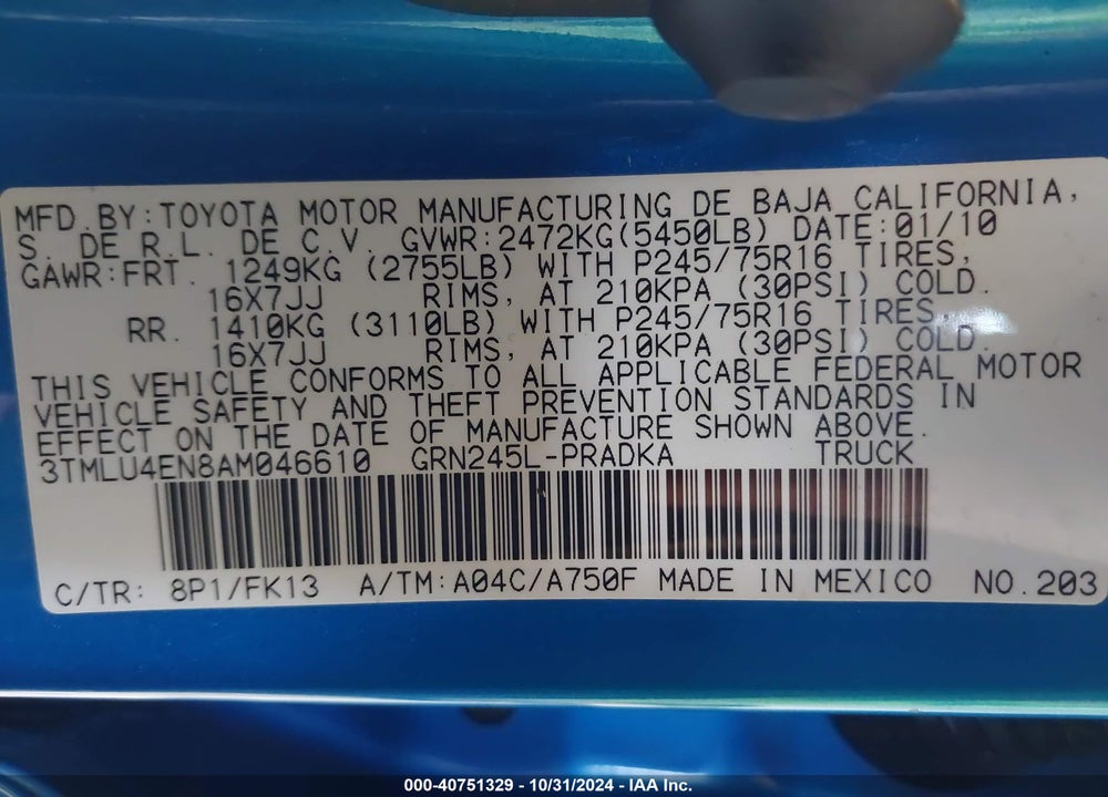 2010 TOYOTA TACOMA DOUBLE CAB VIN: 3TMLU4EN8AM046610