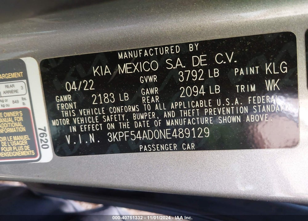 2022 KIA FORTE GT LINE VIN: 3KPF54AD0NE489129