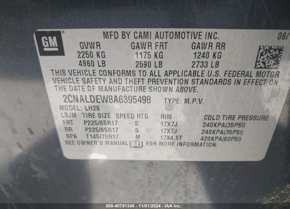 2010 CHEVROLET EQUINOX LT VIN: 2CNALDEW8A6395498