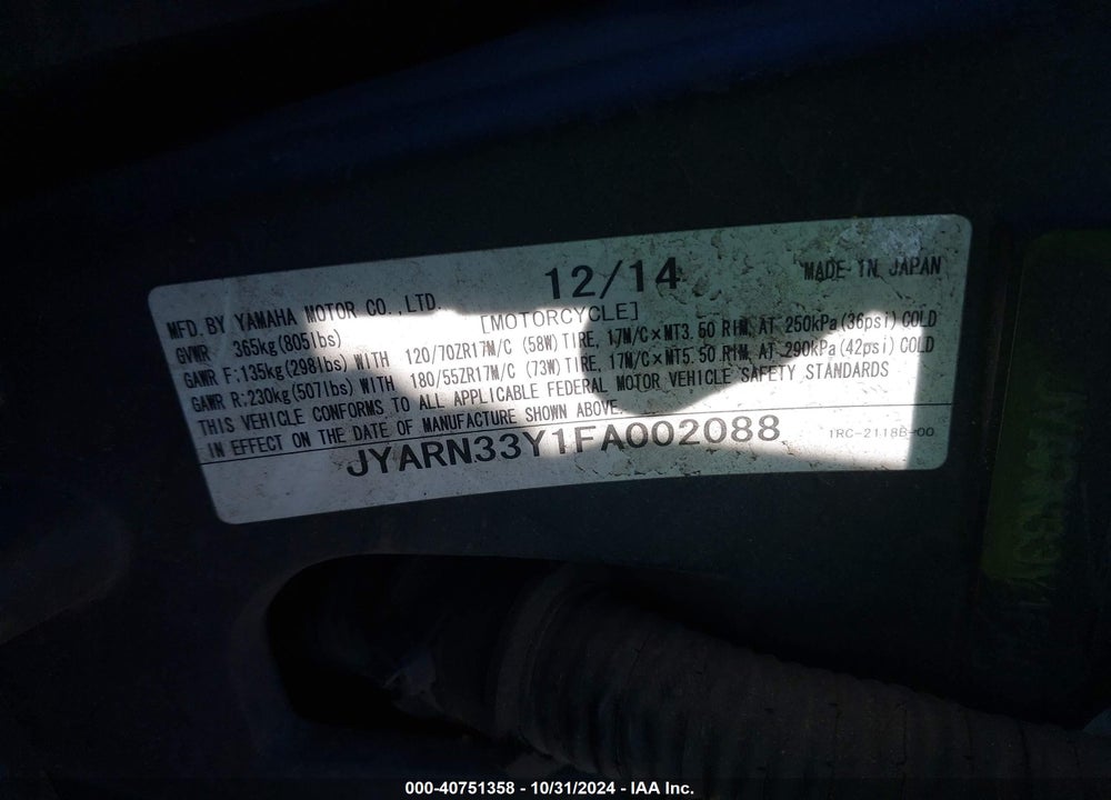 2015 YAMAHA FZ09 C VIN: JYARN33Y1FA002088