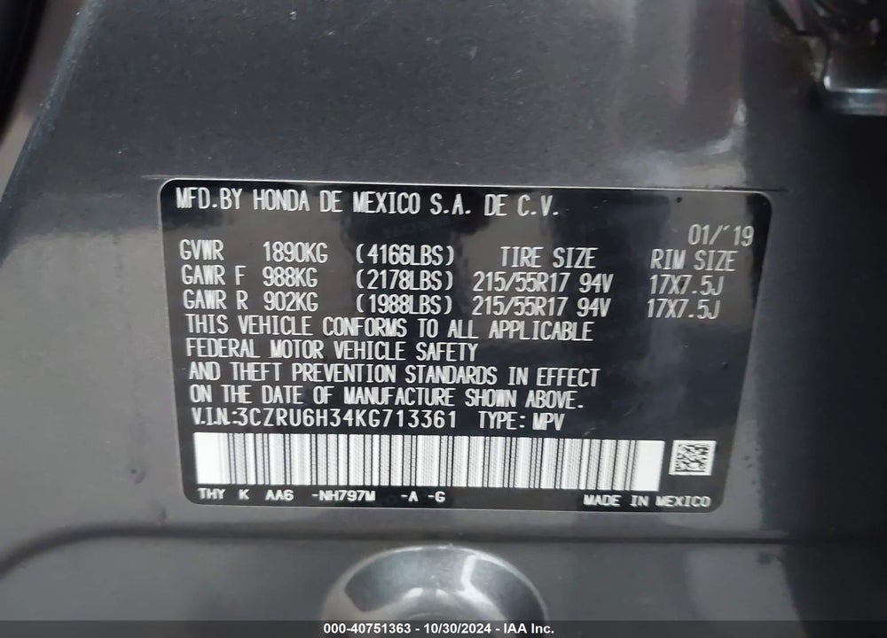 2019 HONDA HR-V LX VIN: 3CZRU6H34KG713361