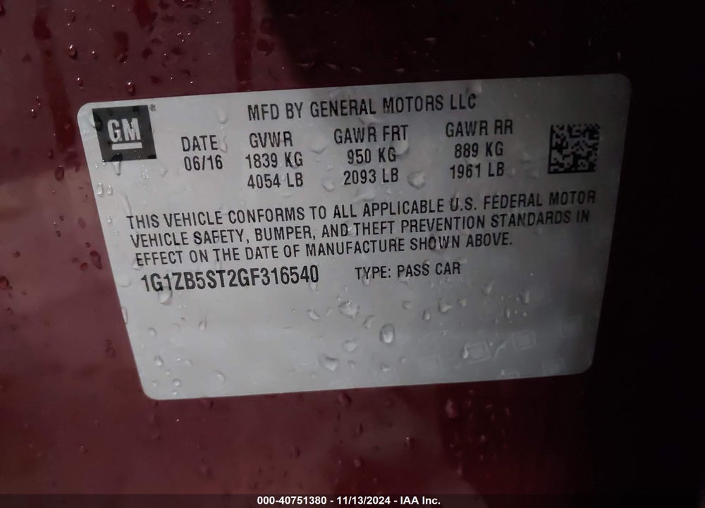 2016 CHEVROLET MALIBU LS VIN: 1G1ZB5ST2GF316540