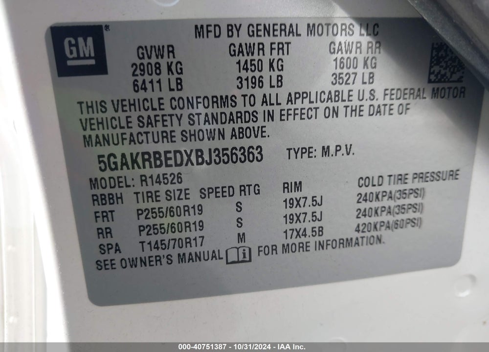 2011 BUICK ENCLAVE 1XL VIN: 5GAKRBEDXBJ356363