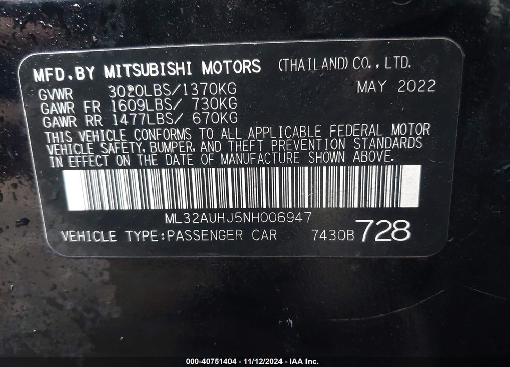 2022 MITSUBISHI MIRAGE ES/LE VIN: ML32AUHJ5NH006947