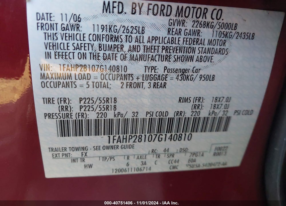 2007 FORD FIVE HUNDRED LIMITED VIN: 1FAHP28107G140810