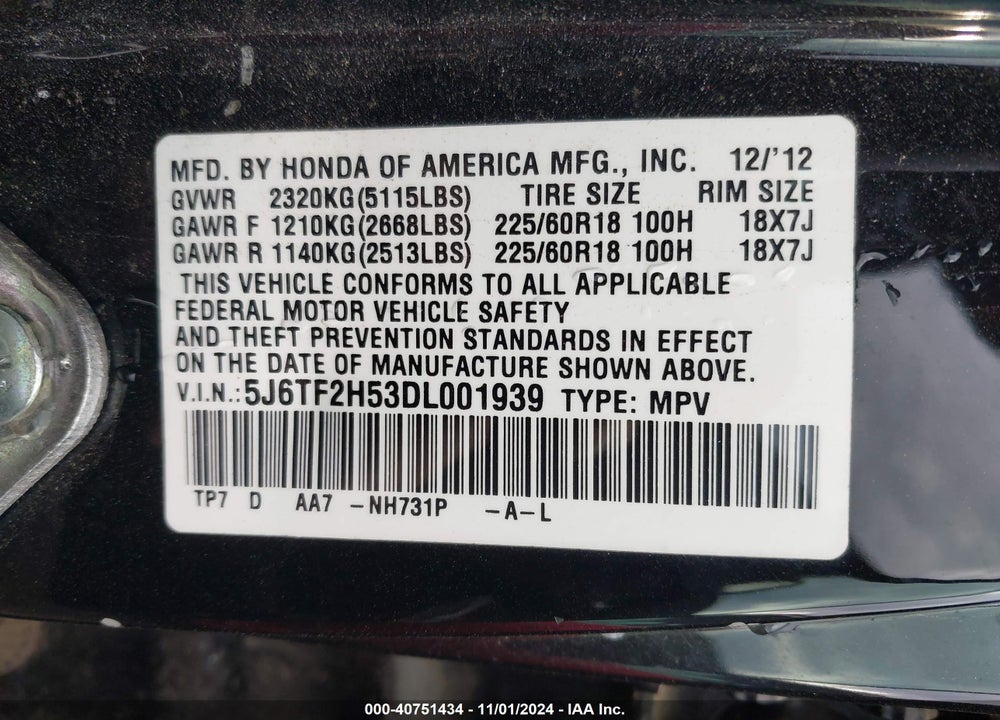 2013 HONDA CROSSTOUR EX-L V6 VIN: 5J6TF2H53DL001939