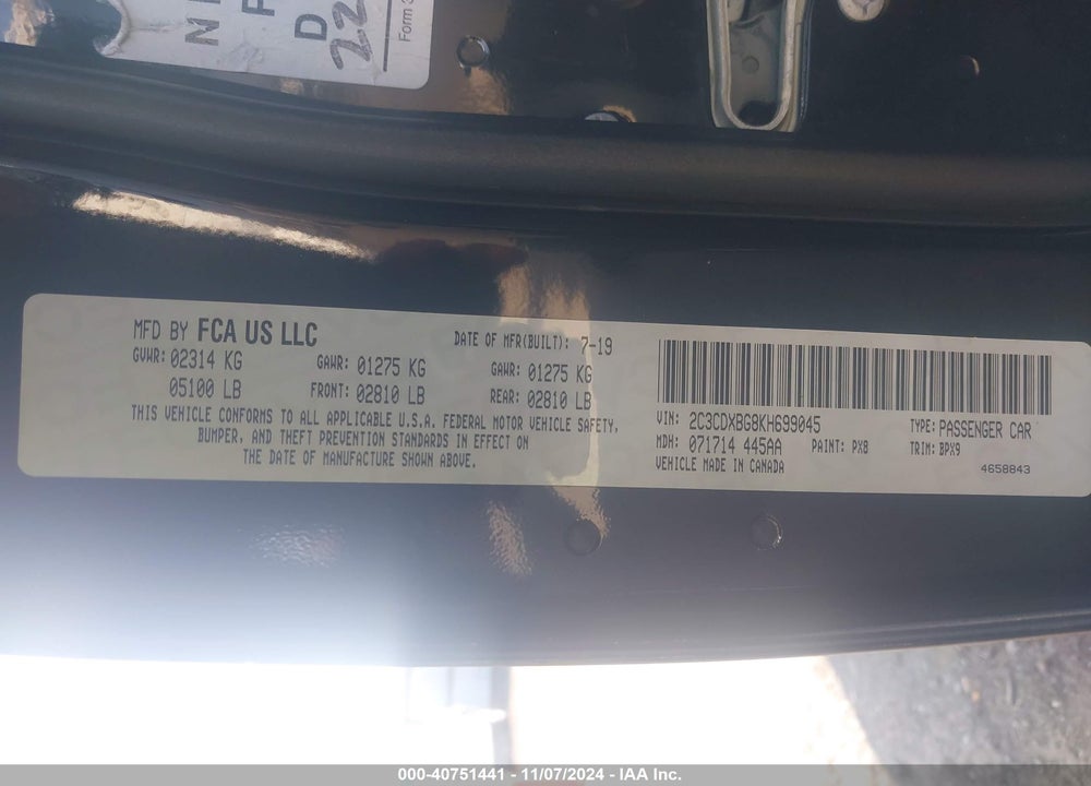 2019 DODGE CHARGER SXT RWD VIN: 2C3CDXBG8KH699045