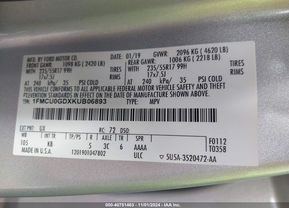 2019 FORD ESCAPE SE VIN: 1FMCU0GDXKUB06893