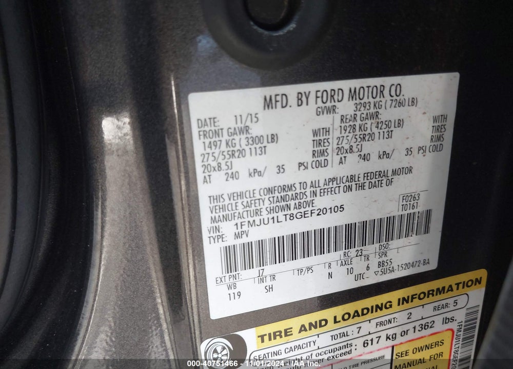 2016 FORD EXPEDITION PLATINUM VIN: 1FMJU1LT8GEF20105