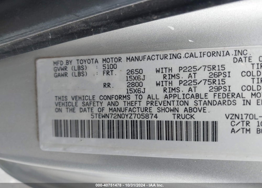 2000 TOYOTA TACOMA BASE V6 VIN: 5TEWN72N0YZ705874
