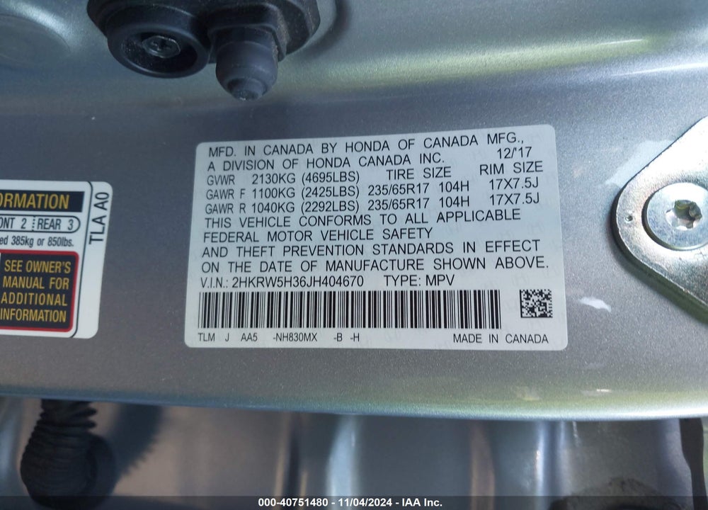 2018 HONDA CR-V LX VIN: 2HKRW5H36JH404670