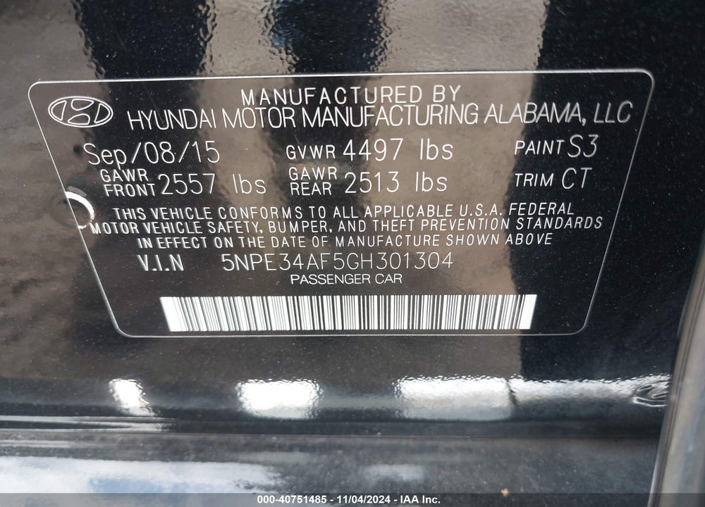 2016 HYUNDAI SONATA SPORT VIN: 5NPE34AF5GH301304