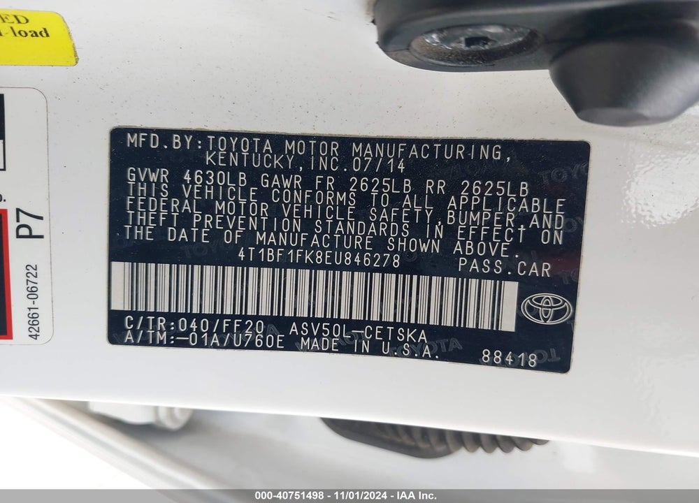 2014 TOYOTA CAMRY VIN: 4T1BF1FK8EU846278