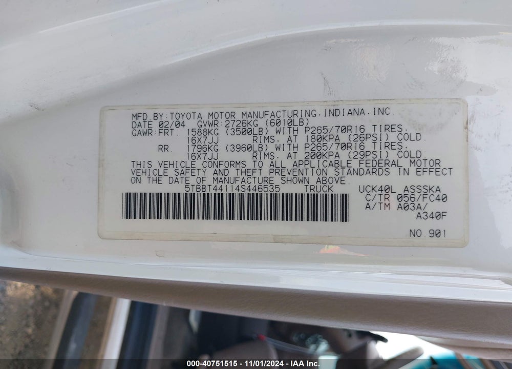2004 TOYOTA TUNDRA SR5 V8 VIN: 5TBBT44114S446535