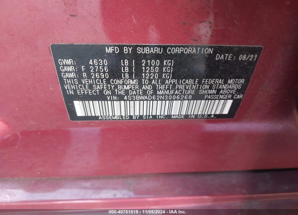 2022 SUBARU LEGACY PREMIUM VIN: 4S3BWAD62N3006268