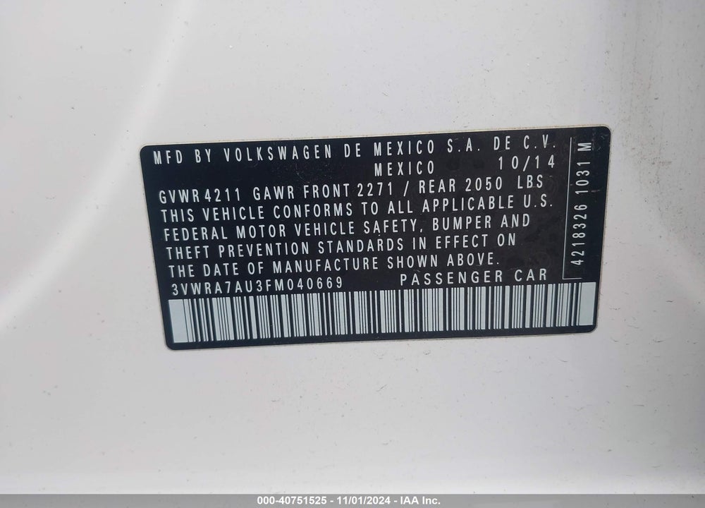 2015 VOLKSWAGEN GOLF TDI S 4-DOOR VIN: 3VWRA7AU3FM040669