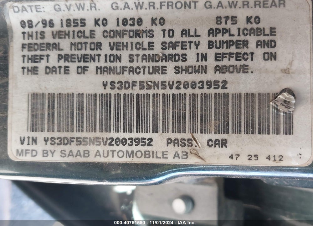 1997 SAAB 900 SE VIN: YS3DF55N5V2003952