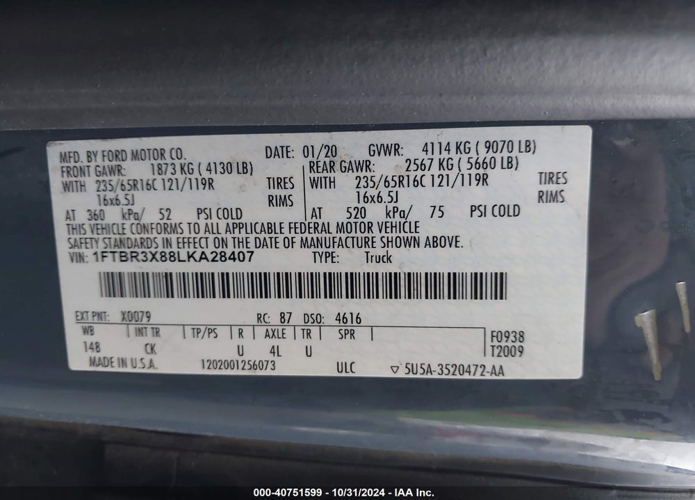 2020 FORD TRANSIT-250 CARGO VAN VIN: 1FTBR3X88LKA28407