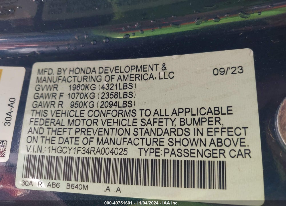 2024 HONDA ACCORD EX VIN: 1HGCY1F34RA004025