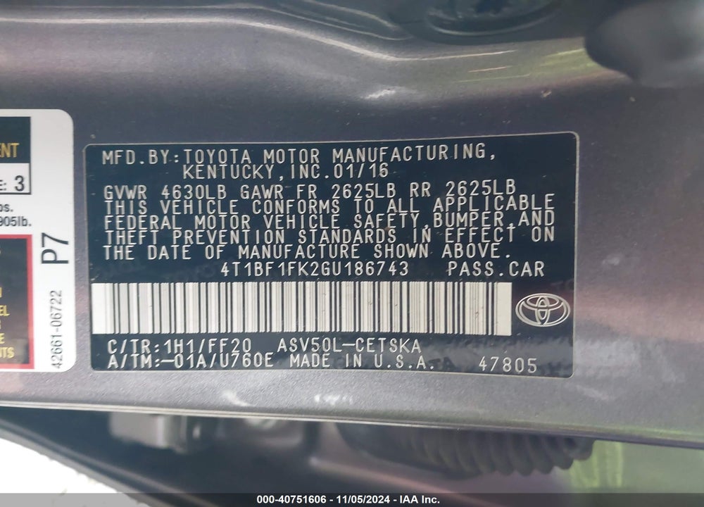 2016 TOYOTA CAMRY LE/XLE/SE/XSE VIN: 4T1BF1FK2GU186743