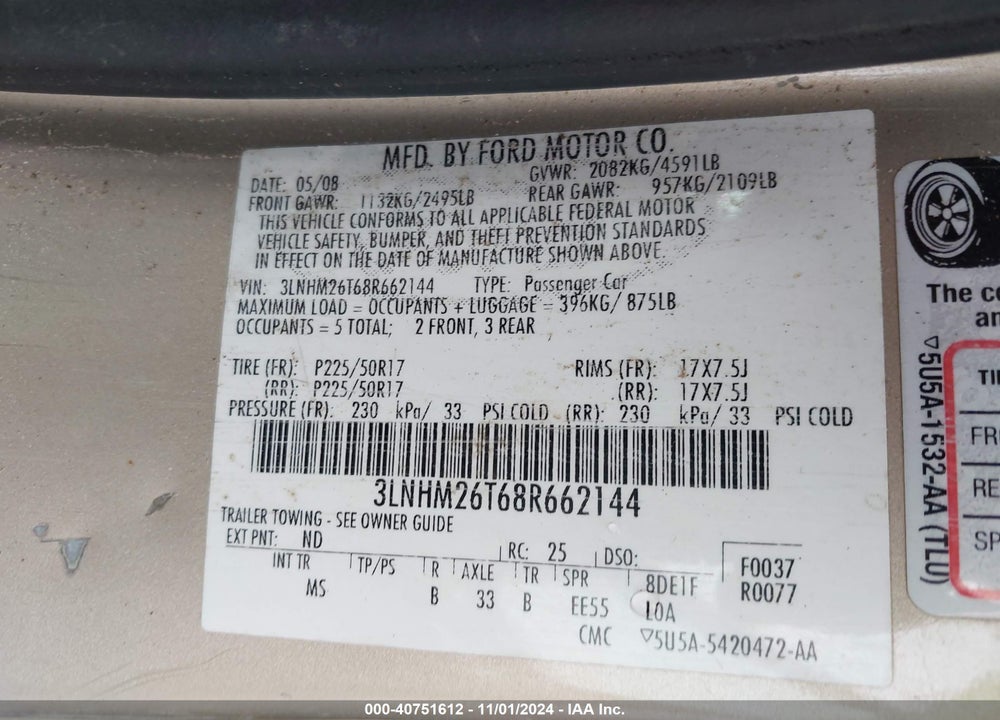 2008 LINCOLN MKZ VIN: 3LNHM26T68R662144
