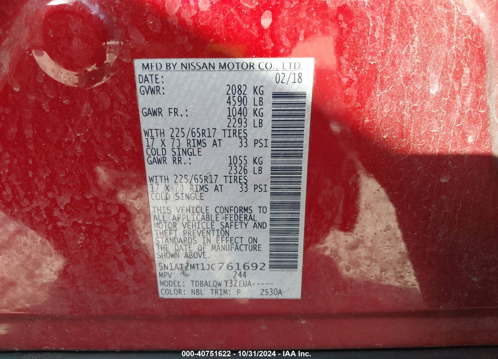 2018 NISSAN ROGUE SV VIN: 5N1AT2MT1JC761692