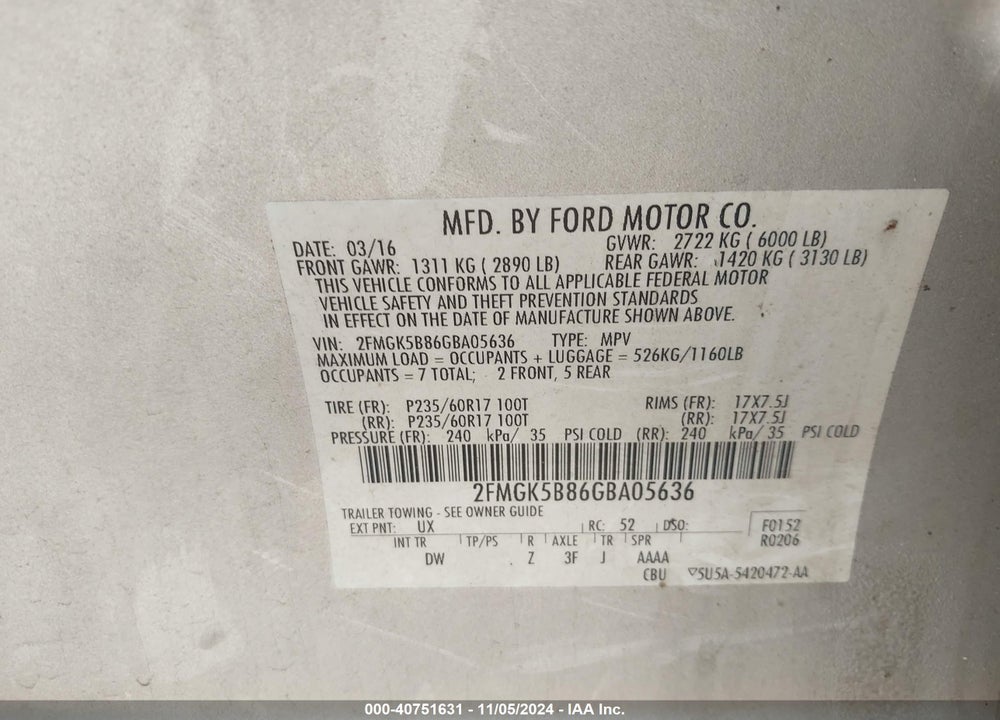 2016 FORD FLEX SE VIN: 2FMGK5B86GBA05636