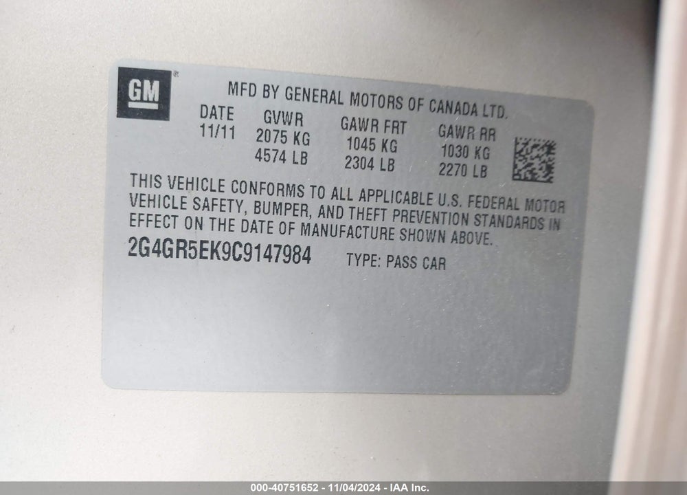 2012 BUICK REGAL VIN: 2G4GR5EK9C9147984