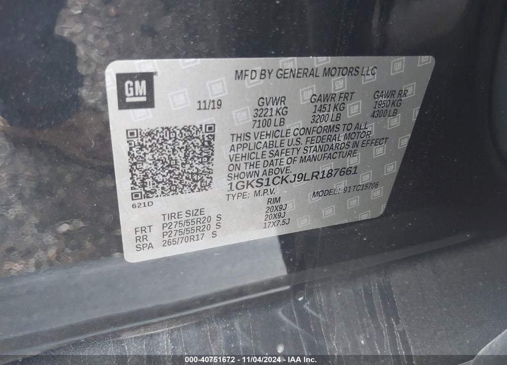 2020 GMC YUKON 2WD DENALI VIN: 1GKS1CKJ9LR187661