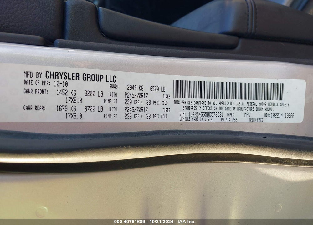 2011 JEEP GRAND CHEROKEE LAREDO VIN: 1J4RS4GG5BC573581
