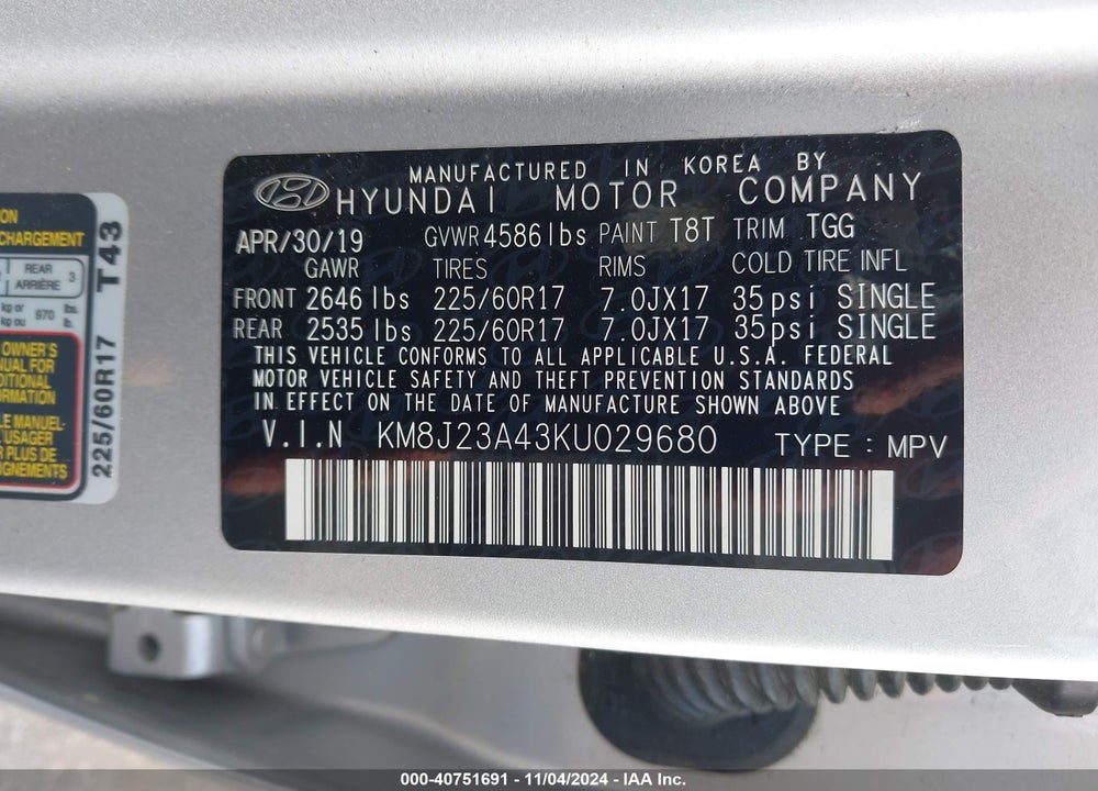 2019 HYUNDAI TUCSON SE VIN: KM8J23A43KU029680