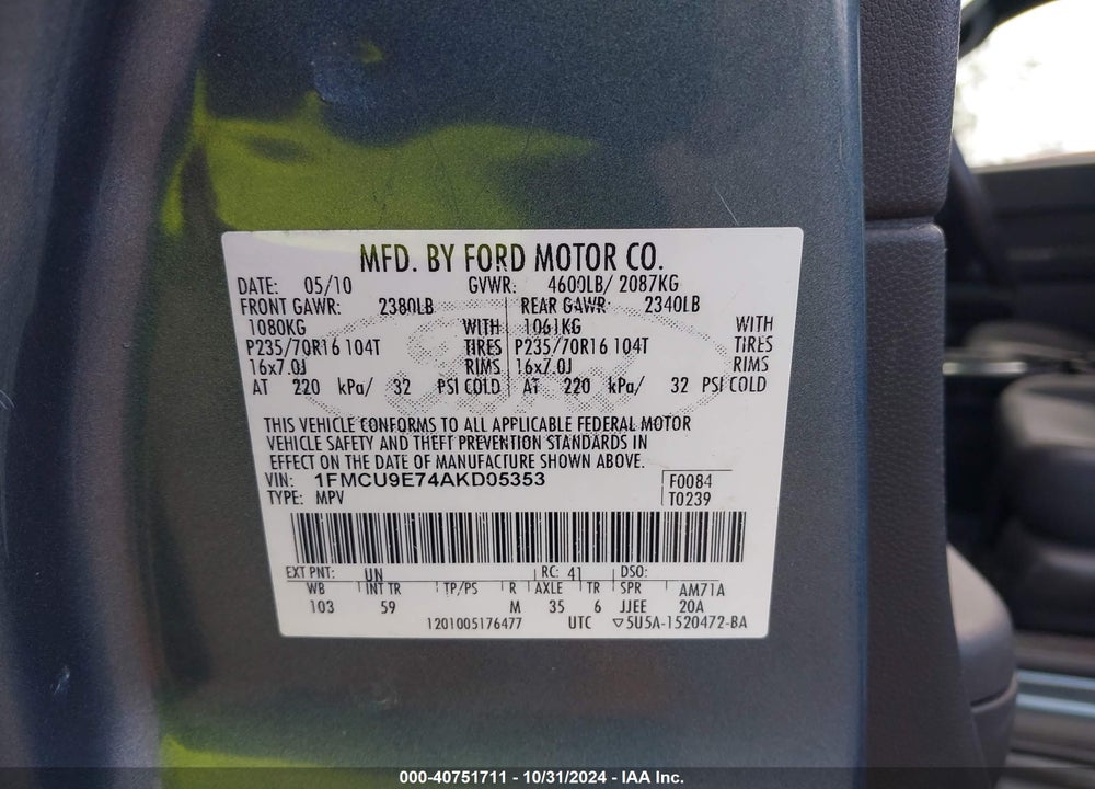 2010 FORD ESCAPE LIMITED VIN: 1FMCU9E74AKD05353