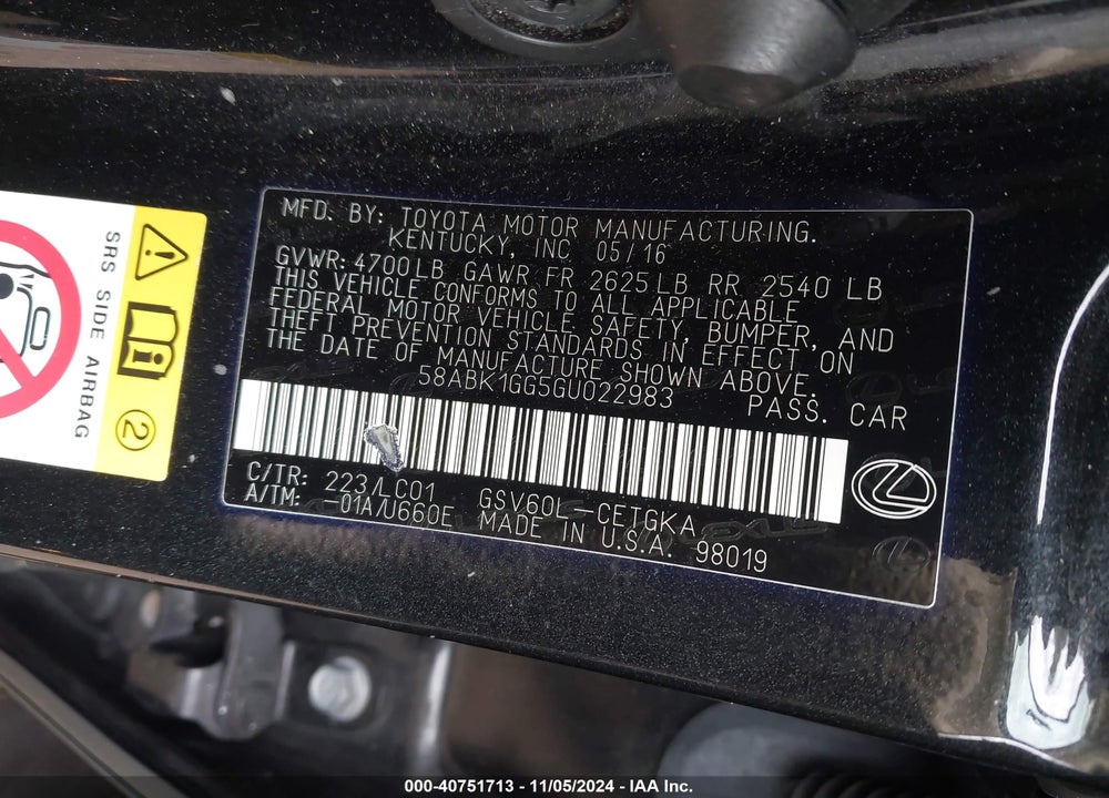 2016 LEXUS ES 350 VIN: 58ABK1GG5GU022983